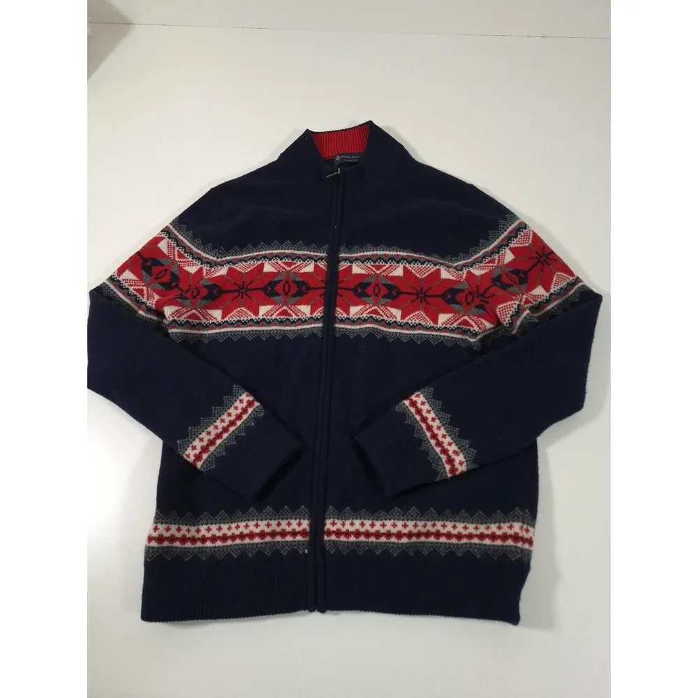 Brooks Brothers Sweater Mens M Blue Wool Full Zip Fair Isle Mock Neck Knit